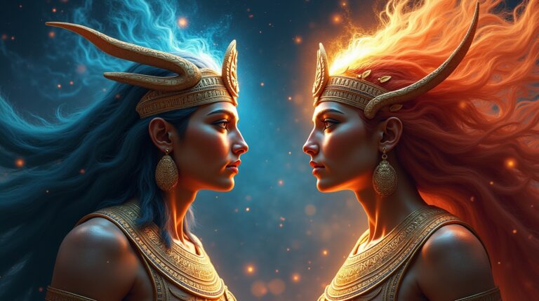 Anshar e Kishar na mitologia mesopotâmica: deuses primordiais em cena épica com luz divina