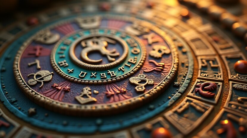 astrologia maia: Segredos do Calendário Tzolk'in Revelados Astrologia maia: símbolos do calendário Tzolk'in e signos em cena mística