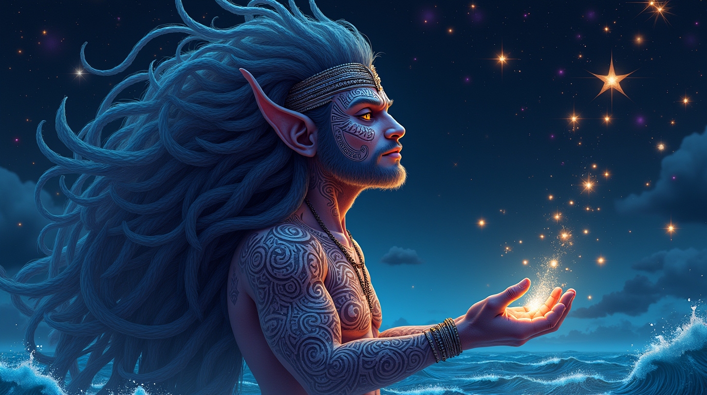 Atua da criação de estrelas na mitologia polinésia em cena épica com cosmos e lendas polinésias
