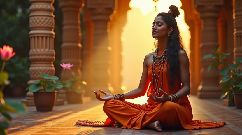 Bhakti Yoga na mitologia hindu: Caminho da Devoção Bhakti Yoga na mitologia hindu: prática de devoção espiritual em templo sob bênçãos de Krishna