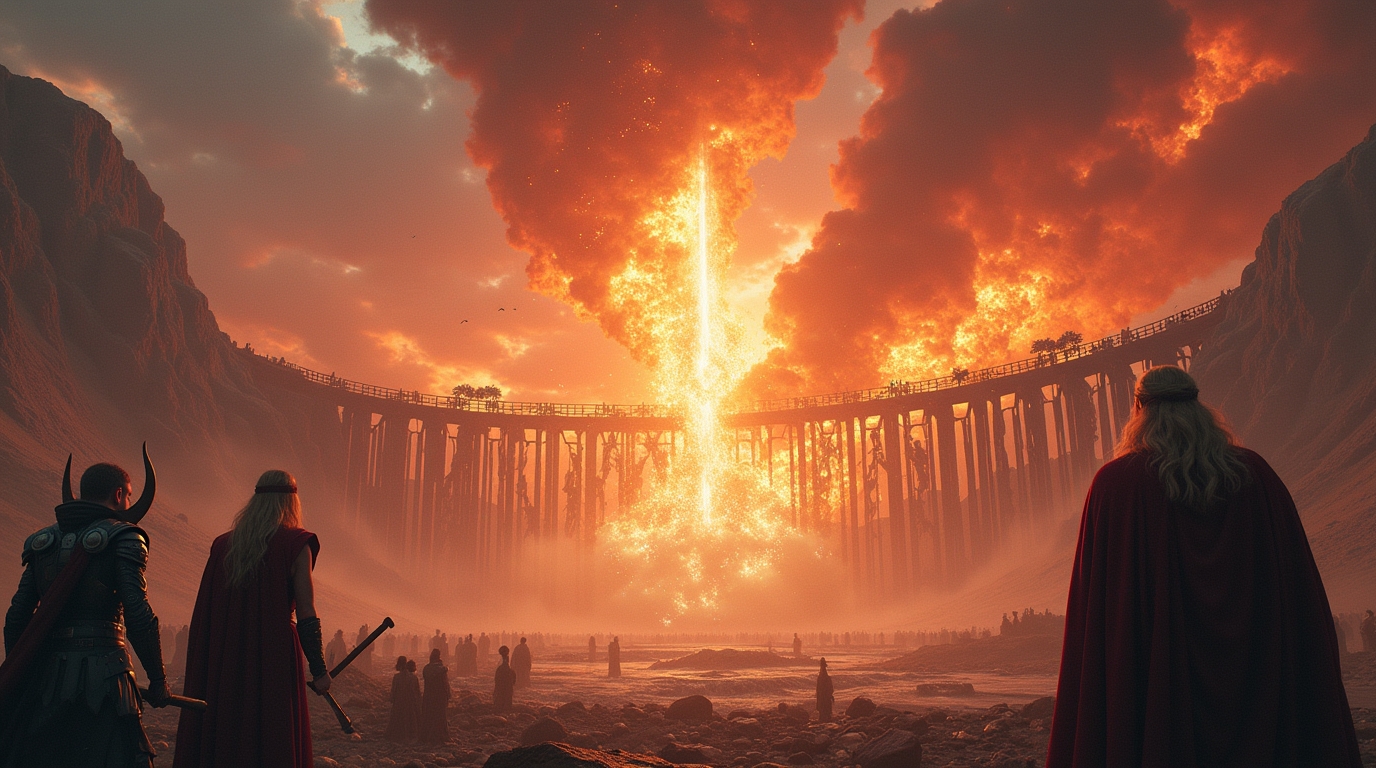 A destruição da Bifrost na mitologia nórdica: colapso da ponte arco-íris durante o Ragnarok
