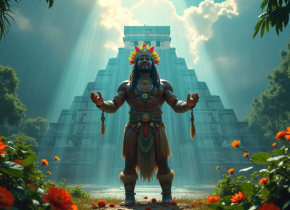 Chaac, deus da chuva maia, realizando rituais sob nuvens de chuva em paisagem tropical