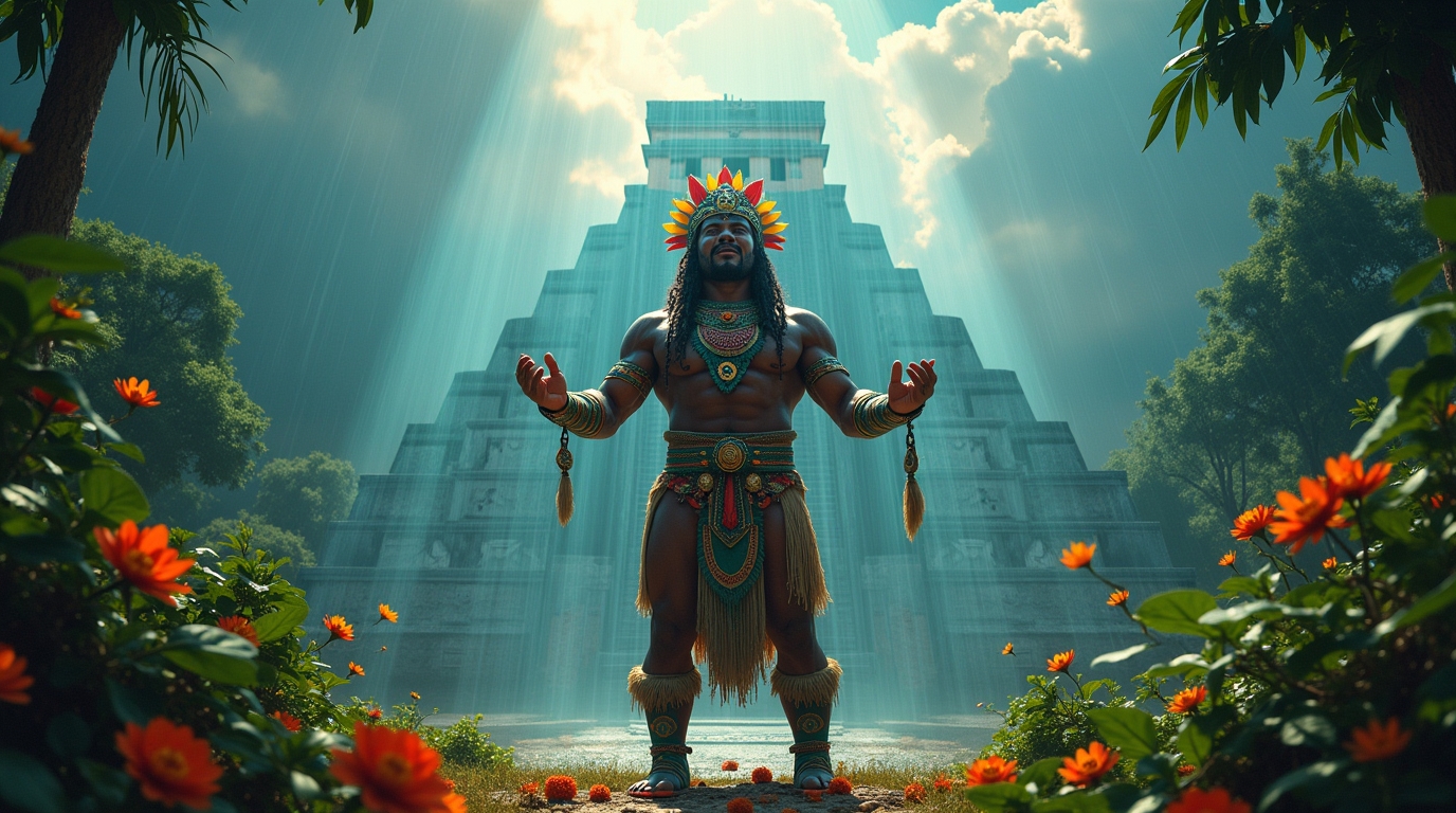 Chaac, deus da chuva maia, realizando rituais sob nuvens de chuva em paisagem tropical
