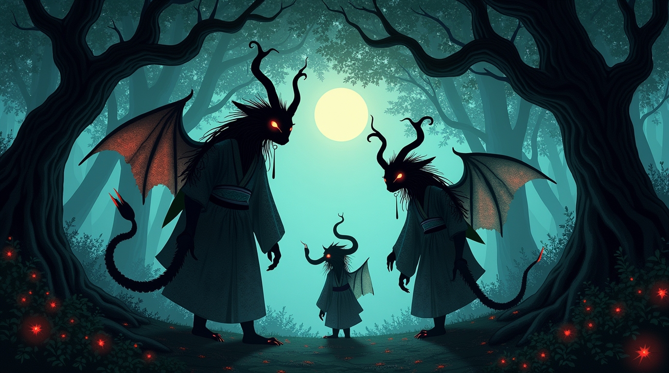 Divindades da floresta negra na mitologia japonesa representadas por yokai e kami em ambiente sombrio e misterioso