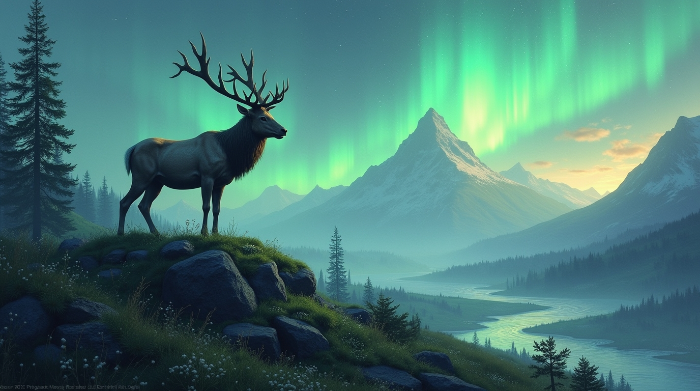 Eikthyrnir cervo de Valhalla em cena mítica, representando mitologia nórdica com rios e luzes dramáticas