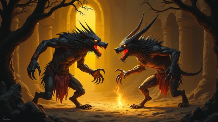 Espíritos e demônios na mitologia mesopotâmica: Pazuzu e Lamashtu em paisagem sombria e mística