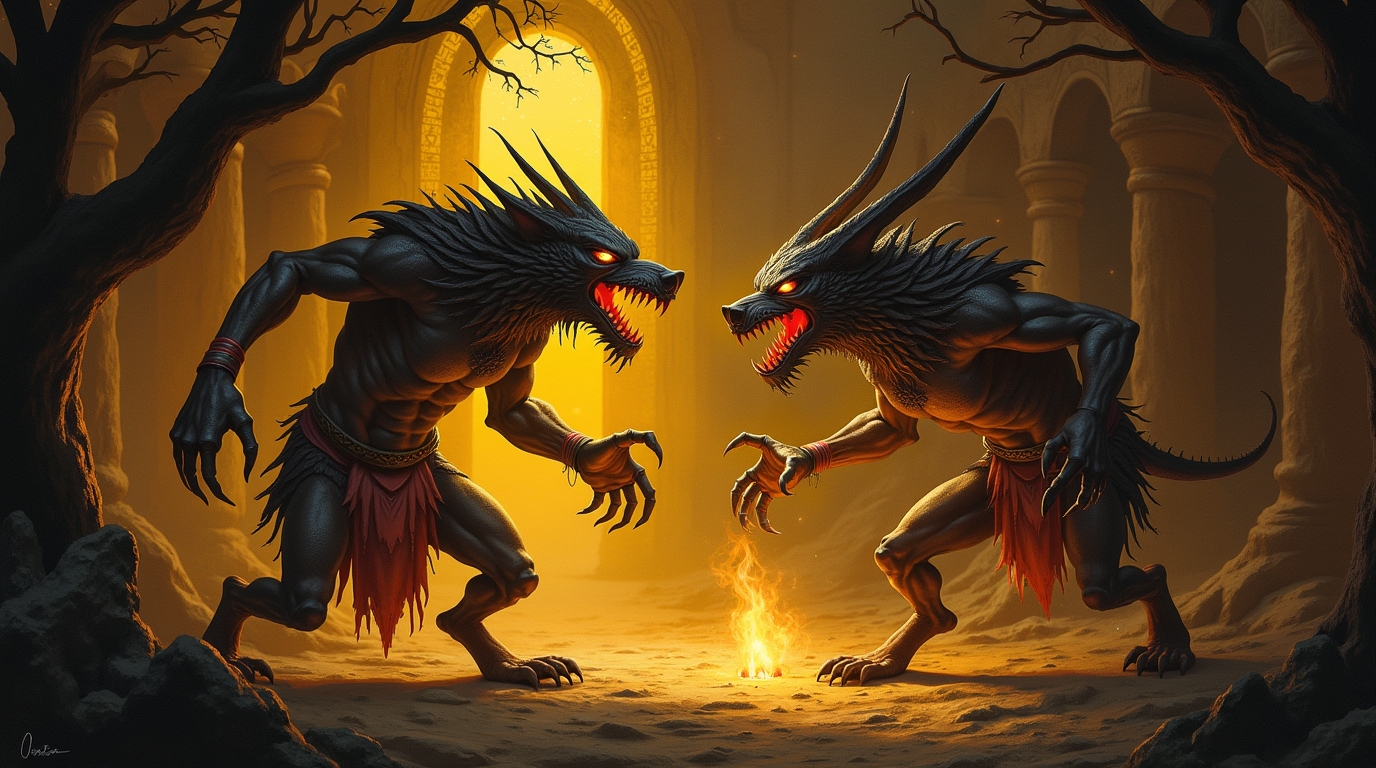 Espíritos e demônios na mitologia mesopotâmica: Pazuzu e Lamashtu em paisagem sombria e mística