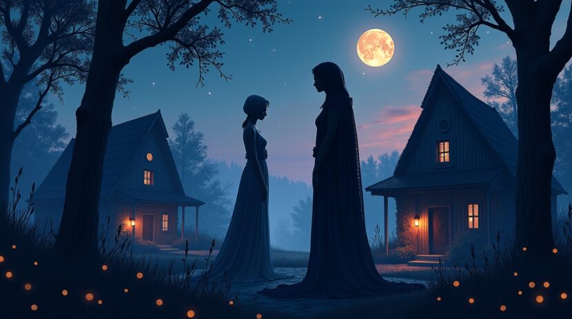 Espíritos do silêncio na mitologia eslava: sombras guardiãs protegendo o lar em noite estrelada
