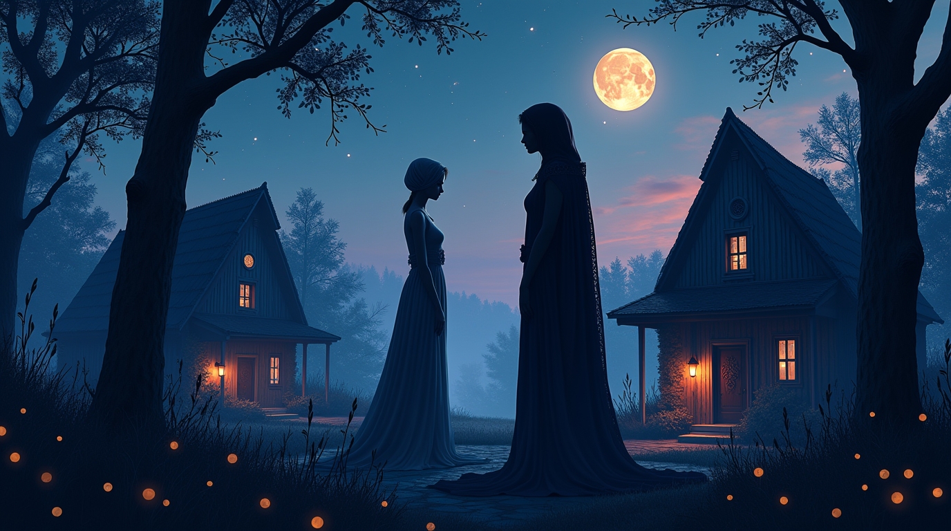 Espíritos do silêncio na mitologia eslava: sombras guardiãs protegendo o lar em noite estrelada