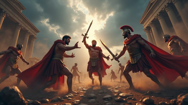 A eterna luta entre deuses e demônios na mitologia romana com deuses lutando em batalha épica