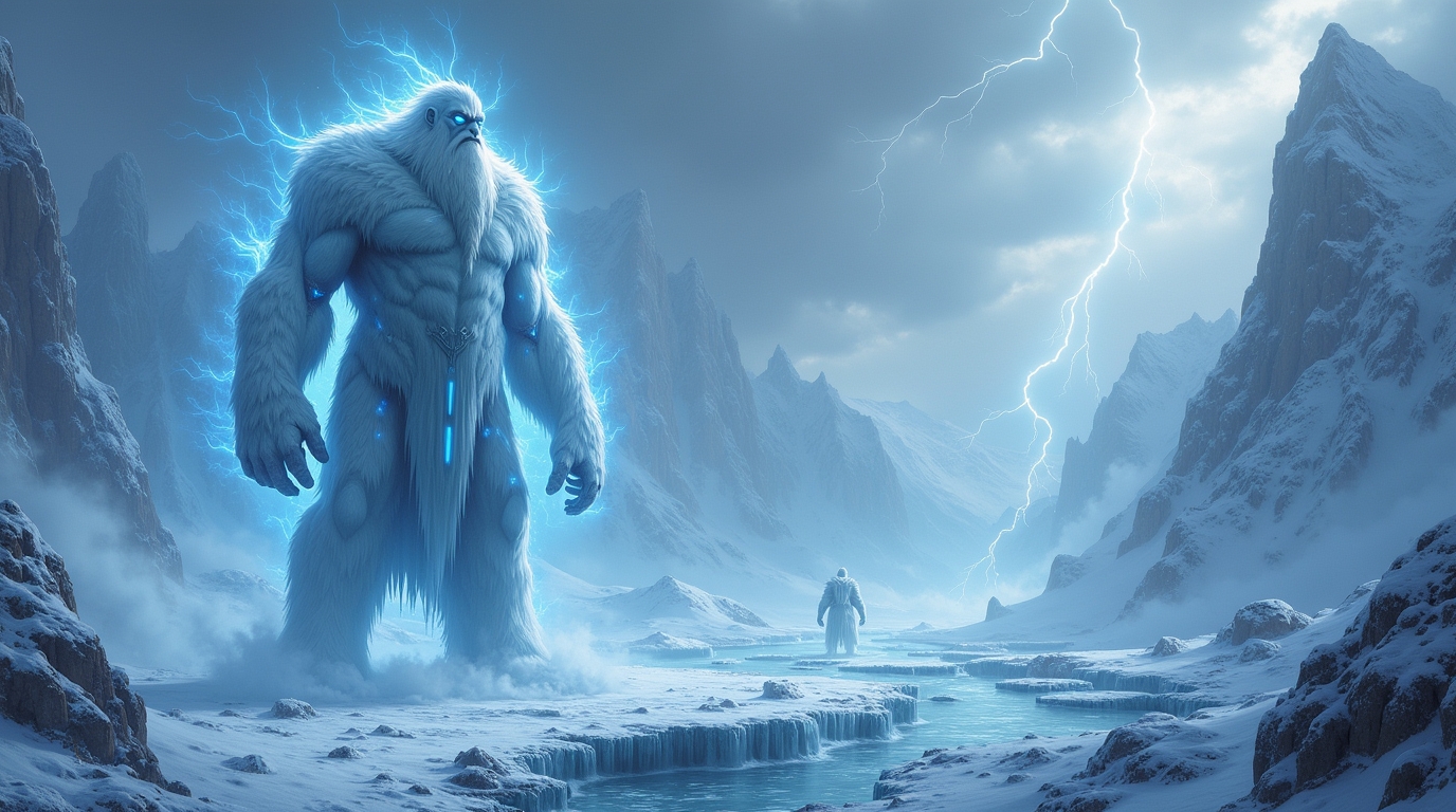 Gigantes de Gelo de Jotunheim em paisagem nevada, representando as lendas da mitologia nórdica
