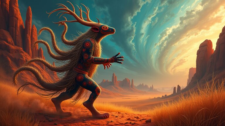 Dirawong, guardião espiritual na mitologia aborígene, rodeado por seres ancestrais