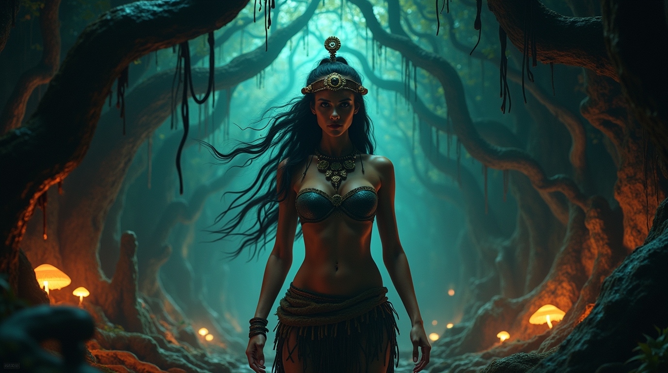 Hine-nui-te-pō deusa da morte na mitologia polinésia com atmosfera sombria.