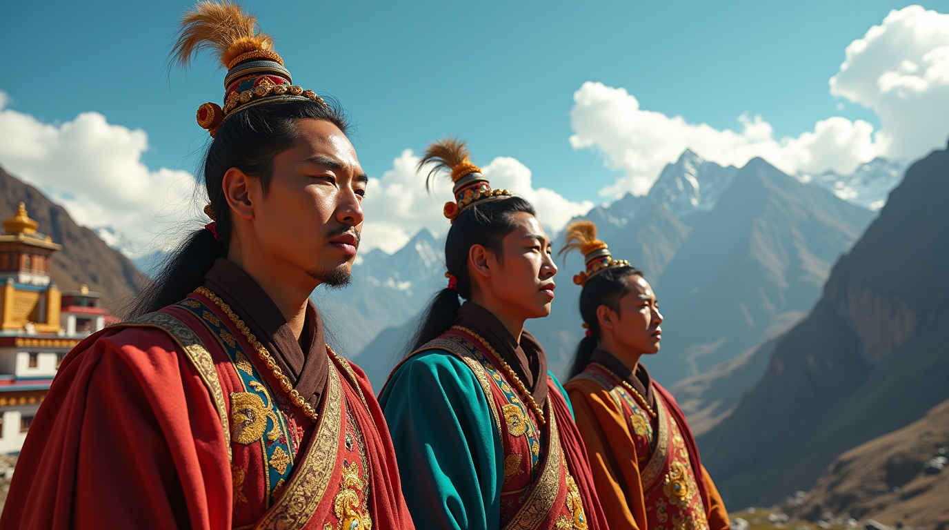 História dos Três Reis do Tibete na mitologia tibetana com paisagens himalaianas ao fundo