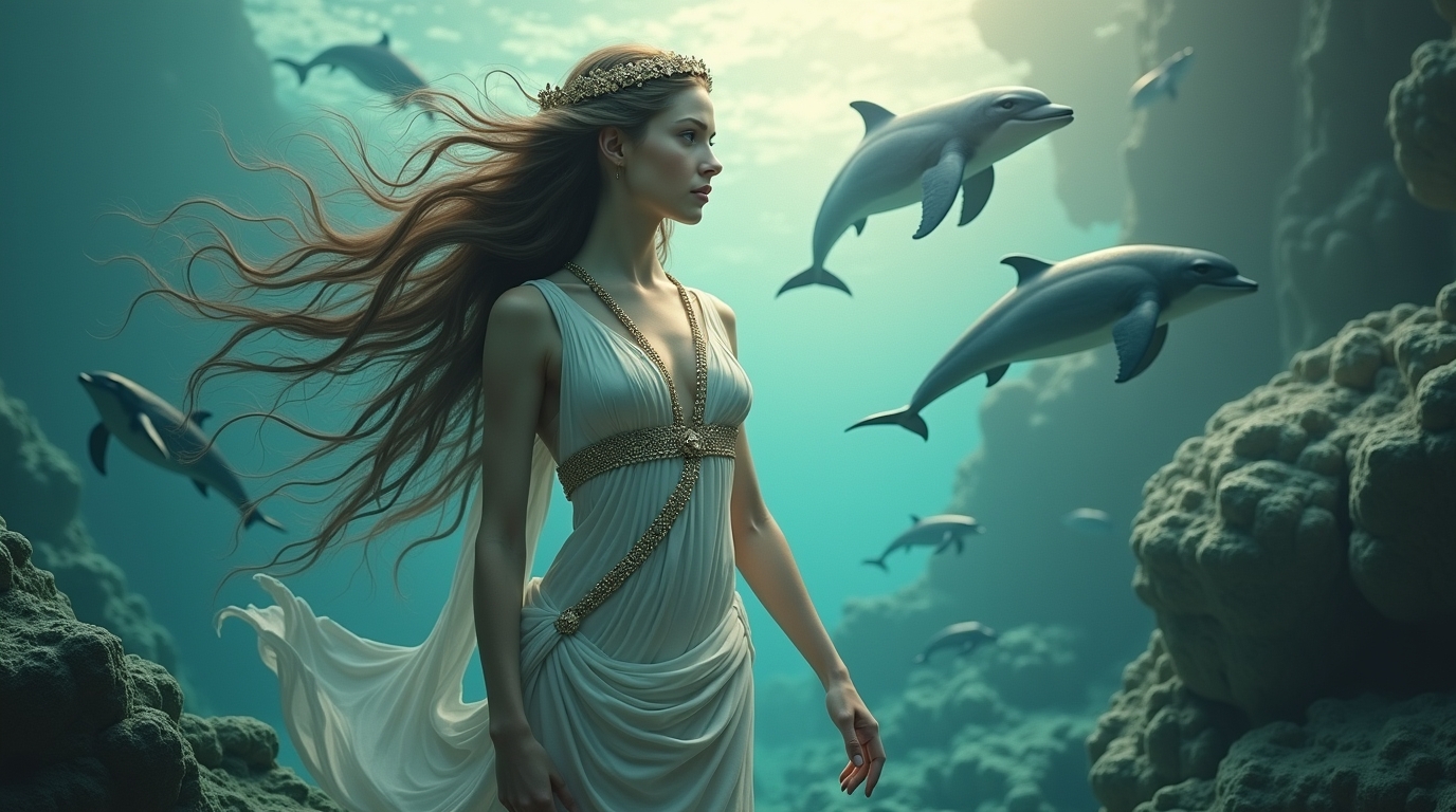 Janira na mitologia grega: oceanina filha de Oceano em cena mitológica com criaturas marinhas