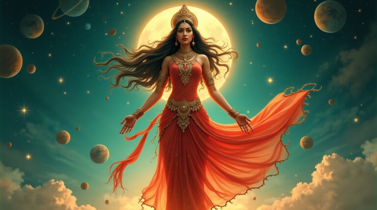Lalita na mitologia hindu: Deusa que entrelaça cosmos com elementos divinos ao seu redor