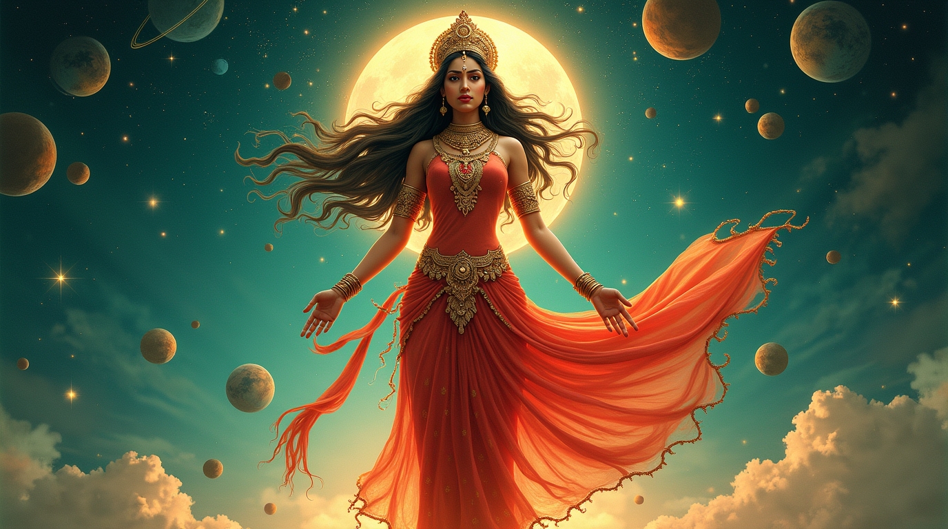 Lalita na mitologia hindu: Deusa que entrelaça cosmos com elementos divinos ao seu redor