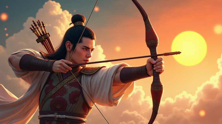Lenda dos Dez Sóis na mitologia chinesa: Hou Yi arqueiro mirando os dez sóis no céu mágico