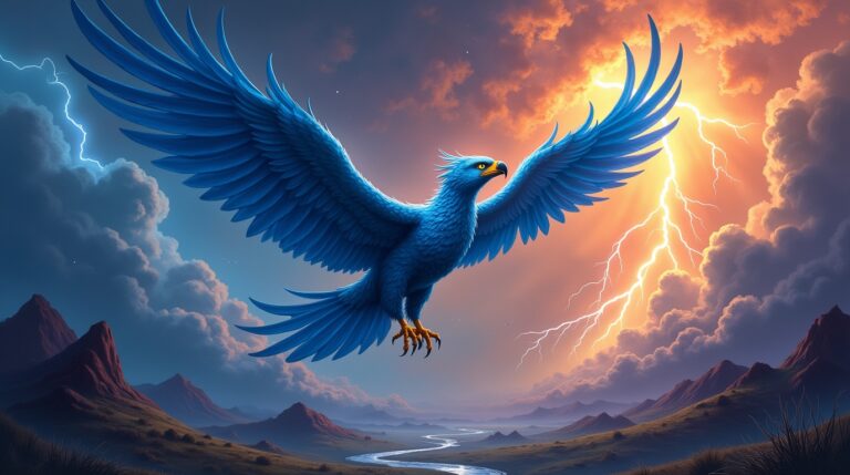 Trovão azul nas mitologias das Américas: representação do Pássaro Trovão em meio a tempestades e relâmpagos