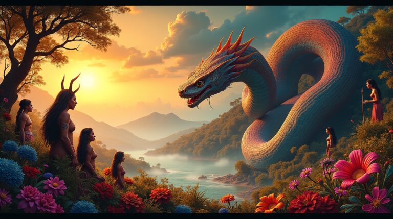 Mistérios antigos da mitologia aborígene: cena do Tempo do Sonho com espíritos ancestrais e a serpente arco-íris