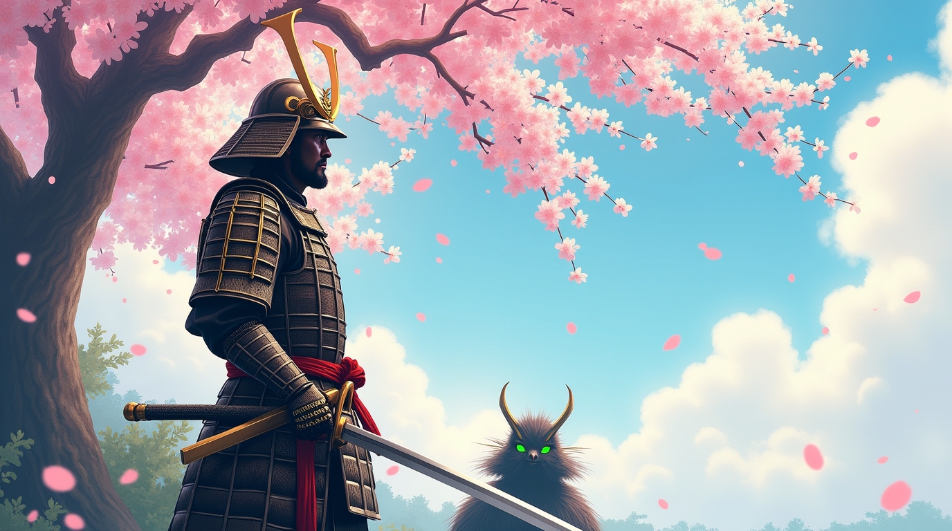 Samurais na mitologia japonesa: guerrheiro sob flores de cerejeira, representando sombras e honra