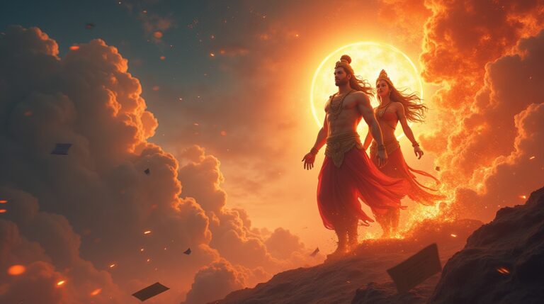 Mitologia védica: cena dos Deuses Agni e Indra em um cenário celestial e ancestral