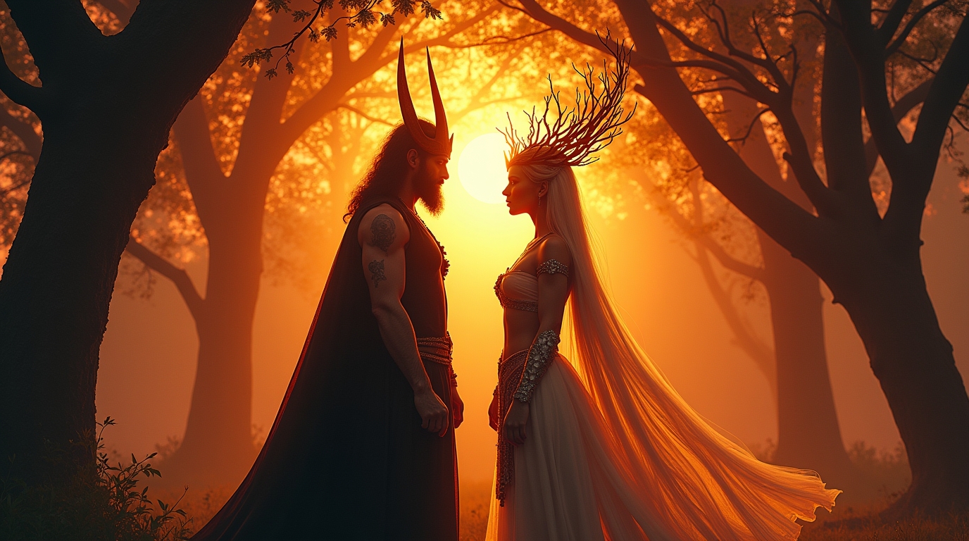 Mitos crepusculares na mitologia eslava: Veles e Dazhbog em cena épica simbolizando luz e escuridão