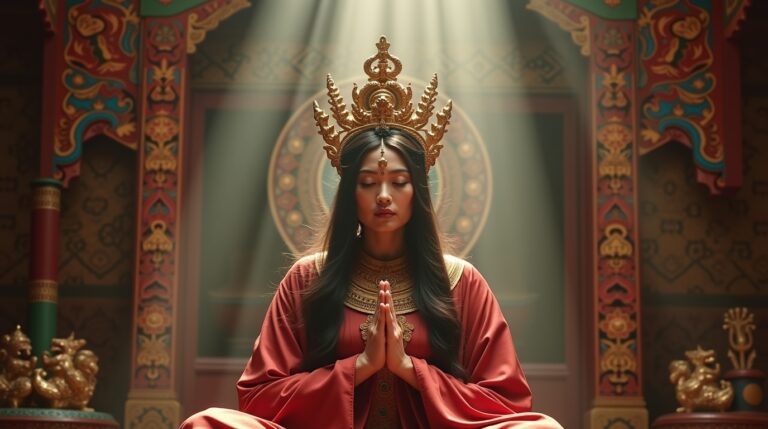 Oráculo de Nechung na mitologia tibetana: Voz do Estado Oráculo de Nechung na mitologia tibetana em transe cerimonial no Monastério de Nechung