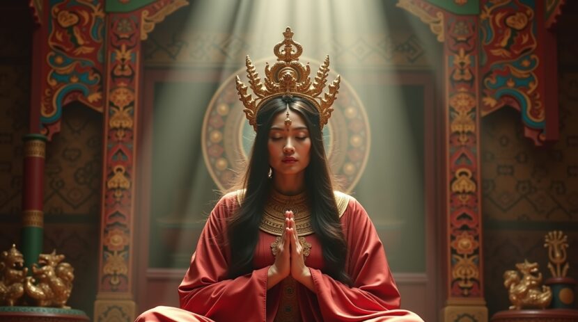 Oráculo de Nechung na mitologia tibetana em transe cerimonial no Monastério de Nechung