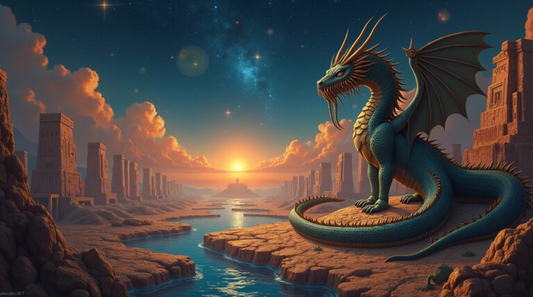 Origens da mitologia mesopotâmica: ilustração dos deuses primordiais Tiamat e Apsú na antiga civilização mesopotâmica