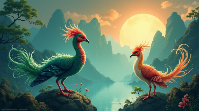Pássaros mensageiros na mitologia chinesa: Fenghuang e Jingwei em uma paisagem mística