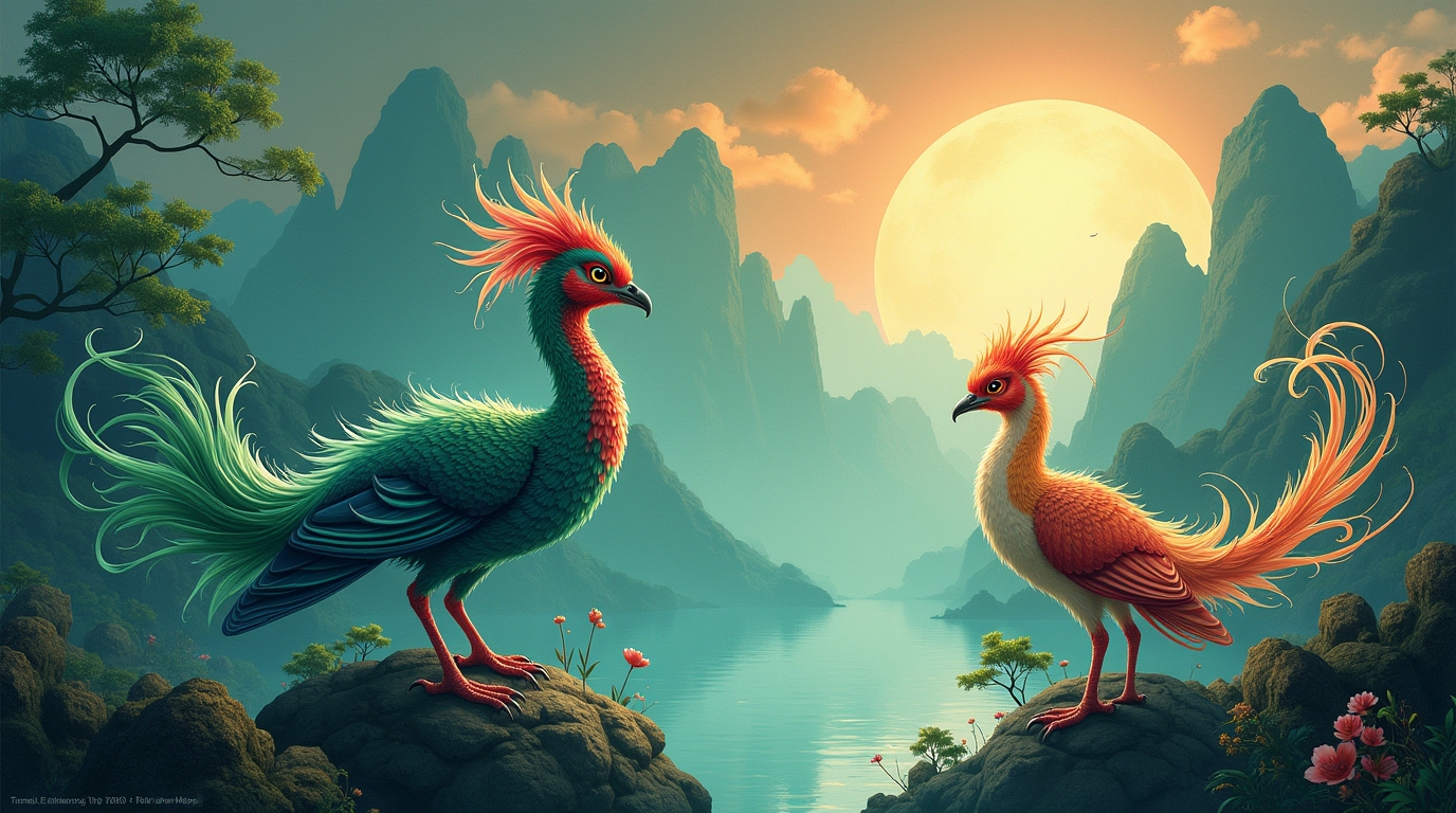 Pássaros mensageiros na mitologia chinesa: Fenghuang e Jingwei em uma paisagem mística
