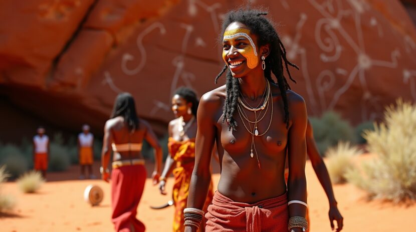 Povos do deserto na mitologia aborígene: trajes tradicionais e pinturas rupestres representando Songlines