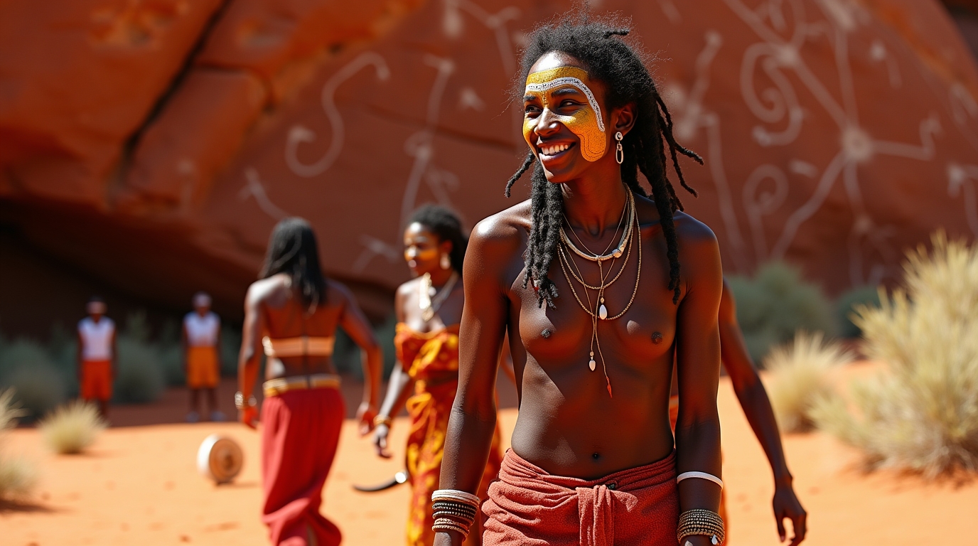Povos do deserto na mitologia aborígene: trajes tradicionais e pinturas rupestres representando Songlines