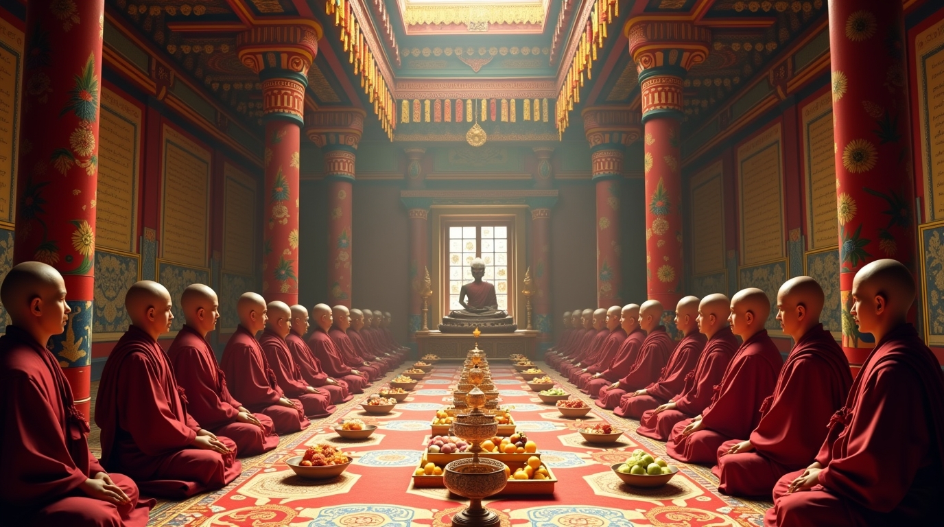 Rituais Gelug na mitologia tibetana: símbolos e práticas budistas em templo tibetano