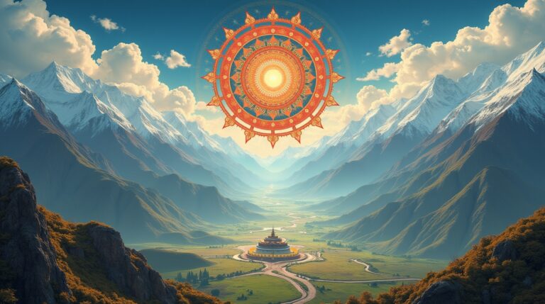 Rituais Nyingma na mitologia tibetana com símbolos de Padmasambhava e práticas de Yidam