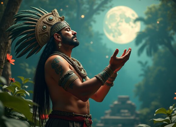 Sabedoria vibracional maia em cena de sacerdote maia conectando-se com a energia cósmica sob a luz da lua