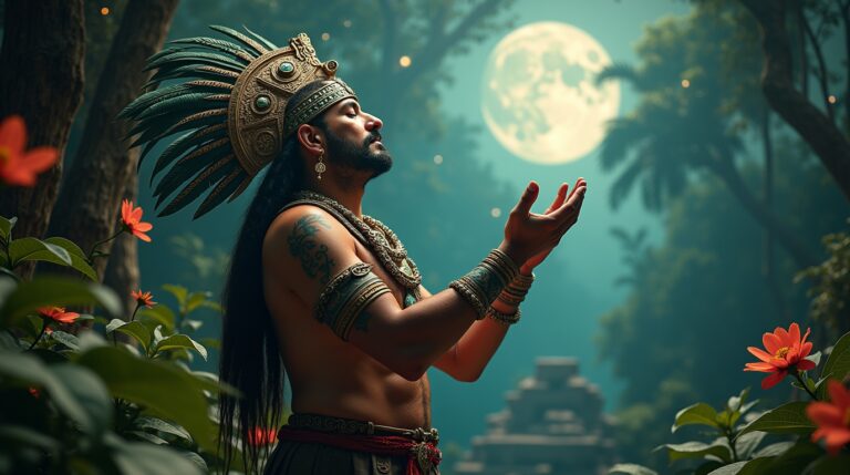 Sabedoria vibracional maia em cena de sacerdote maia conectando-se com a energia cósmica sob a luz da lua