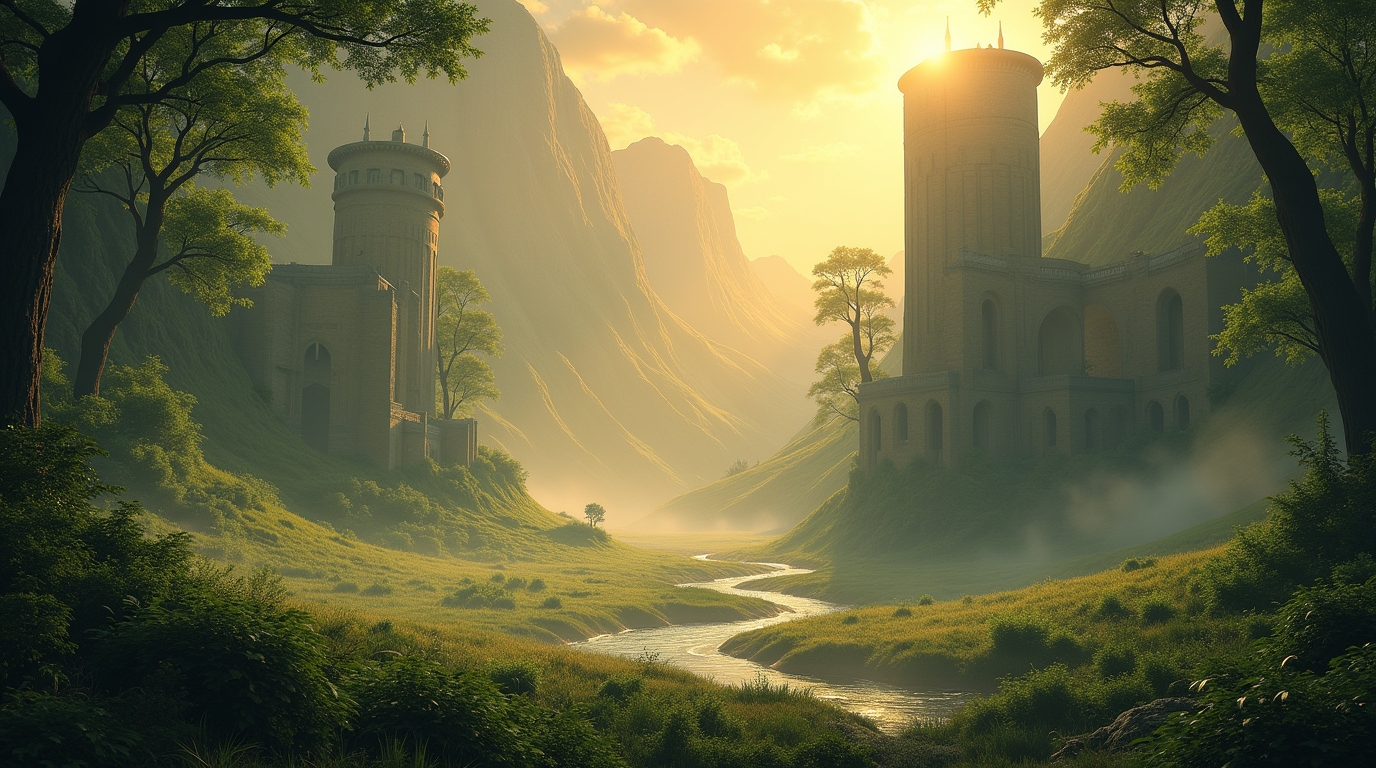 Salão de Forseti na mitologia nórdica: Glitnir brilhante entre os verdes campos e luz divina