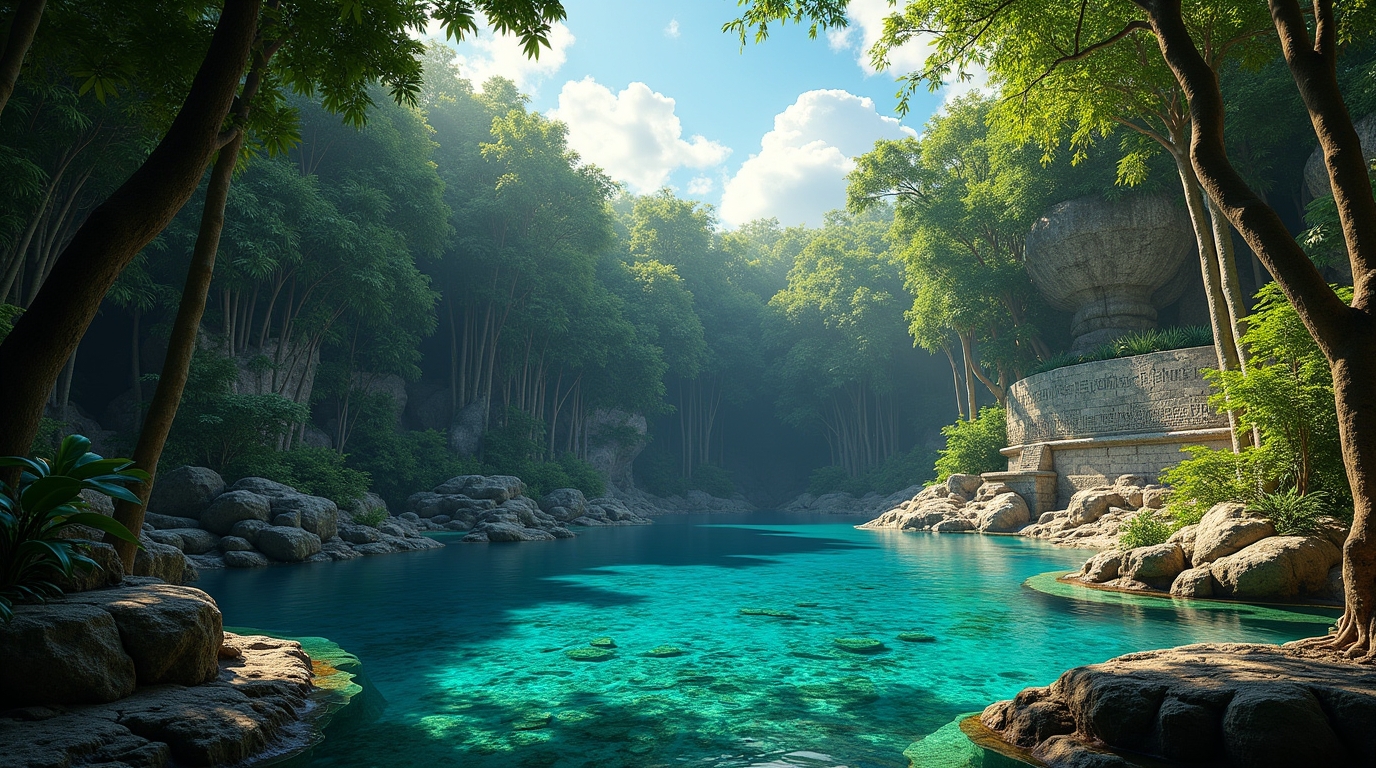 Solo sagrado maia em cenote rodeado por vegetação exuberante e símbolos antigos