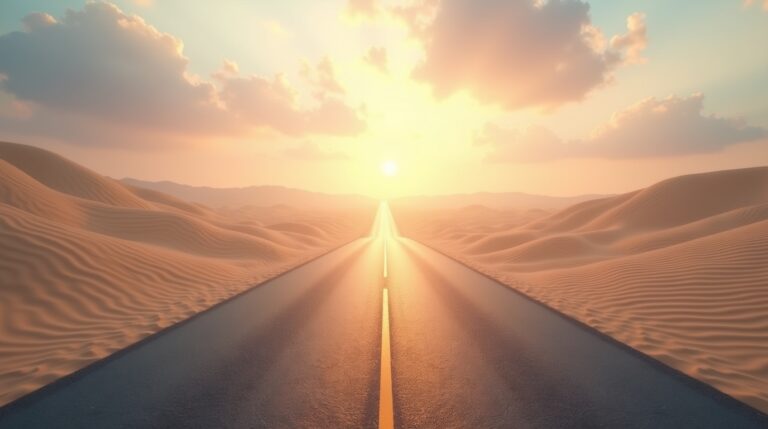 Cenário de sonho: estrada se transformando em areia ao amanhecer, simbolizando mudanças e transformações na vida