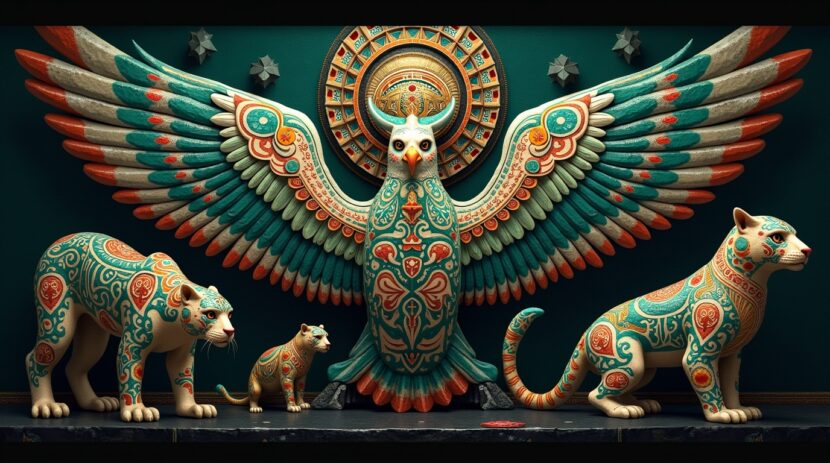 Tatuagens sagradas maias com símbolos antigos e animais representativos da mitologia maia