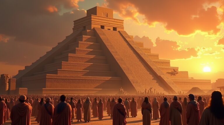 Templos de adoração na mitologia mesopotâmica: zigurate com adoradores e atmosfera religiosa
