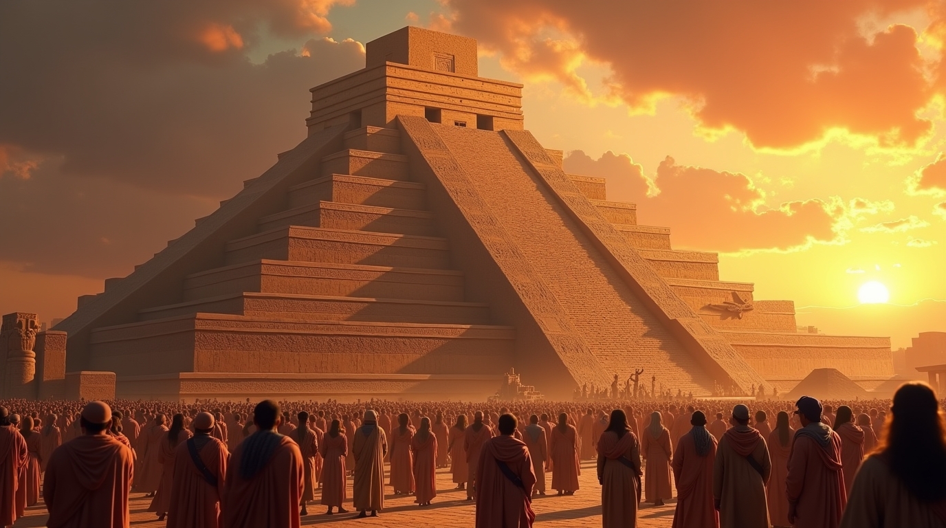 Templos de adoração na mitologia mesopotâmica: zigurate com adoradores e atmosfera religiosa