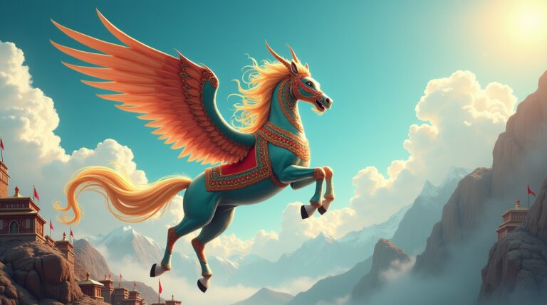 Cavalo da Longa Vida na mitologia tibetana: Lungta representando força e vitalidade nos céus tibetanos