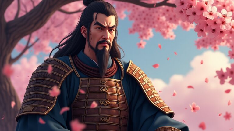 Hattori Hanzō samurai e estrategista japonês — Lenda Hattori Hanzō samurai e estrategista japonês em cena histórica sob as cerejeiras