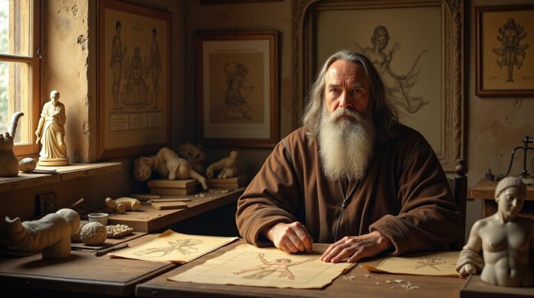 Leonardo da Vinci gênio renascentista inventor: o engenho Leonardo da Vinci gênio renascentista inventor em seu ateliê, rodeado por esboços de suas invenções e obras