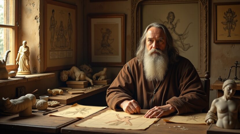 Leonardo da Vinci gênio renascentista inventor em seu ateliê, rodeado por esboços de suas invenções e obras