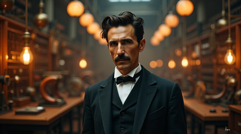 Nikola Tesla inventor pioneiro em eletricidade moderna em seu laboratório com invenções como a bobina Tesla