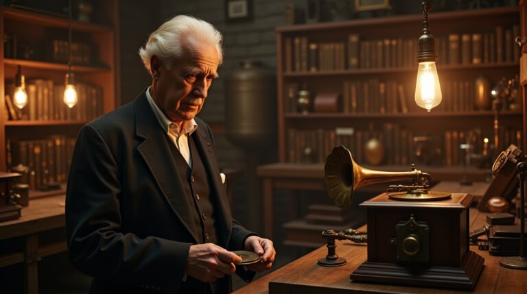 Thomas Edison inventor em seu laboratório, desenvolvendo inovações como lâmpada incandescente e fonógrafo